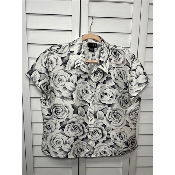 R2R Vintage 100% Silk Floral Short Sleeve Button Down Top Size Large - Picture 1 of 8